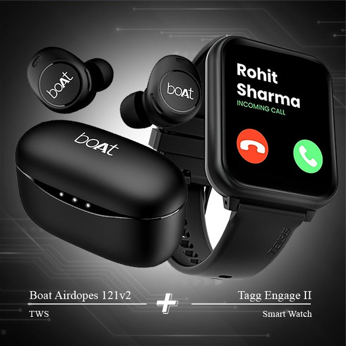 Combo Boat Airdopes 121v2 Earbuds Tagg Engage II Smartwatch