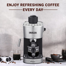 Load image into Gallery viewer, INALSA Espresso/Cappuccino 4Cup Coffee Maker 800W- Bonjour (3in1- Espresso,Cappuccino & Latte)|Frothing Function,4Bar Pressure|Multipurpose Control Knob,Removable Drip Tray & Borosilicate Glass Carafe