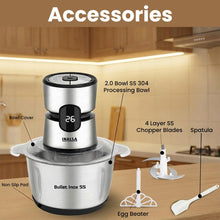 Load image into Gallery viewer, INALSA Bullet Inox SS Electric Chopper|Digital Display|500W Powerful Motor|2L 304 Stainless Steel Processing Bowl|4Layer SS Blades With Spatula|High-Performance Chopping