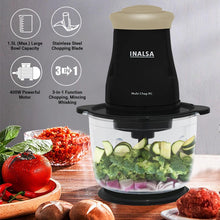 Load image into Gallery viewer, INALSA Electric Chopper for Kitchen & Meat Grinder|1.5L Capacity|Unbreakable Bowl|400W Motor|Stainless Steel Double Layer Chopping Blade & Whisking Blade|Chop,Mince&Whisk