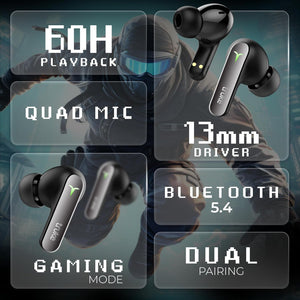 truke New Launch BTG Flex True Wireless in Ear Earbuds, Dual Pairing Ear Buds, 40ms Low Latency Gaming Mode, 60H Playtime Fast Charging, HiFi DSP Sound, Quad-Mic ENC, 13mm Driver,Bluetooth 5.4