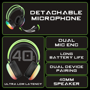 truke BTG Thunder Over the Ear Gaming Headphone with 70H of Playtime, 40mm Titanium Drivers, Dual Pairing Headset, Gaming Mode (40ms Latency) with RGB LEDs, Detachable Mic, BT 5.4