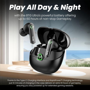 truke BTG Ultra True Wireless in Ear Earbuds, 40ms Ultra Low Latency Battle Mode™ Gaming Ear Buds, 60H Playtime, Quad Mics Crystal-Clear Calls, Fast Charging, BT 5.4, Noise Cancellation
