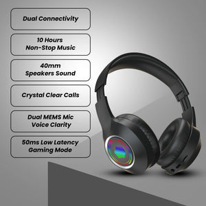 truke BTG 500 Over The Ear Gaming Headphone with 40mm Drivers, 10H of Playtime, Dual Pairing, Gaming Mode (50ms Latency) with RGB LEDs, TF Card with Volume Control, BT 5.4