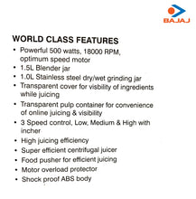Load image into Gallery viewer, Bajaj 500 W JX 30 | 3 Jars Juicer Mixer Grinder
