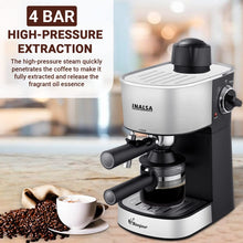 Load image into Gallery viewer, INALSA Espresso/Cappuccino 4Cup Coffee Maker 800W- Bonjour (3in1- Espresso,Cappuccino &amp; Latte)|Frothing Function,4Bar Pressure|Multipurpose Control Knob,Removable Drip Tray &amp; Borosilicate Glass Carafe

