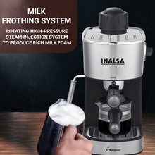 Load image into Gallery viewer, INALSA Espresso/Cappuccino 4Cup Coffee Maker 800W- Bonjour (3in1- Espresso,Cappuccino &amp; Latte)|Frothing Function,4Bar Pressure|Multipurpose Control Knob,Removable Drip Tray &amp; Borosilicate Glass Carafe
