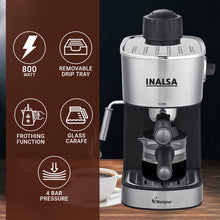 Load image into Gallery viewer, INALSA Espresso/Cappuccino 4Cup Coffee Maker 800W- Bonjour (3in1- Espresso,Cappuccino &amp; Latte)|Frothing Function,4Bar Pressure|Multipurpose Control Knob,Removable Drip Tray &amp; Borosilicate Glass Carafe
