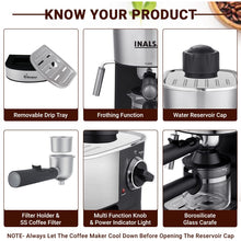 Load image into Gallery viewer, INALSA Espresso/Cappuccino 4Cup Coffee Maker 800W- Bonjour (3in1- Espresso,Cappuccino &amp; Latte)|Frothing Function,4Bar Pressure|Multipurpose Control Knob,Removable Drip Tray &amp; Borosilicate Glass Carafe
