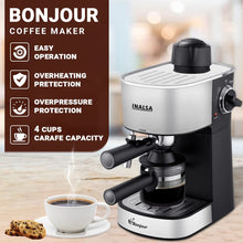Load image into Gallery viewer, INALSA Espresso/Cappuccino 4Cup Coffee Maker 800W- Bonjour (3in1- Espresso,Cappuccino &amp; Latte)|Frothing Function,4Bar Pressure|Multipurpose Control Knob,Removable Drip Tray &amp; Borosilicate Glass Carafe
