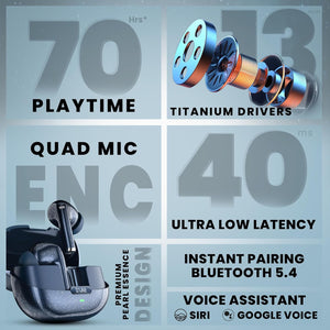 truke Buds Aura True Wireless in Ear Earbuds with 70Hrs of Playtime and Fast Charging Ear Buds, 13mm Titanium Drivers, Quad-MIC ENC TWS, 40ms Low Latency Gaming Buds, BT 5.4