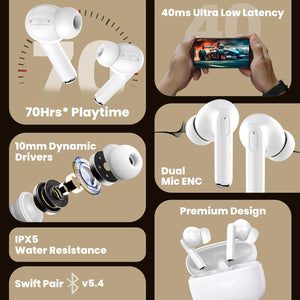 truke Buds Elite True Wireless in Ear Earbuds with 10mm Dynamic Driver, 70Hrs Battery & Fast Charging EarBuds, Dual-MIC ENC TWS, 40ms Low Latency Gaming Buds, Volume Control, BT 5.4  