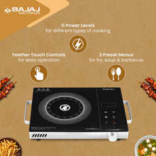 Load image into Gallery viewer, Bajaj IRX 220F Infrared Induction Cooktop | 2200 Watts | 11 Power Level | 3 Preset Menu | Feather Touch Controls | Digital display | 1 Year Warranty
