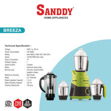 Load image into Gallery viewer, Sanddy 750 Watt Mixer Grinder with 4 Jars (3 Stainless Steel + 1 Juicer) | Super Efficient SS Blades  | 2Y Warranty | ISI Certified
