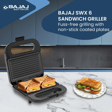 Load image into Gallery viewer, Bajaj SWX 6 800-Watt 2-Slice Sandwich Griller | Non-Stick Coated Plates for Easy-to-Clean | Upright Compact Storage | Buckle Clips Lock | 2 Years Warranty
