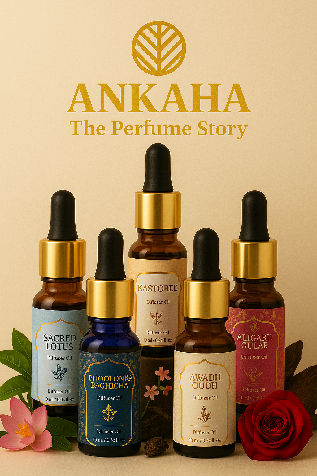 Ankaha Essential Oil Diffuser set 50ml | 10ml x 5 fragrances | Aromotherapy, Relax & Therapeutic|